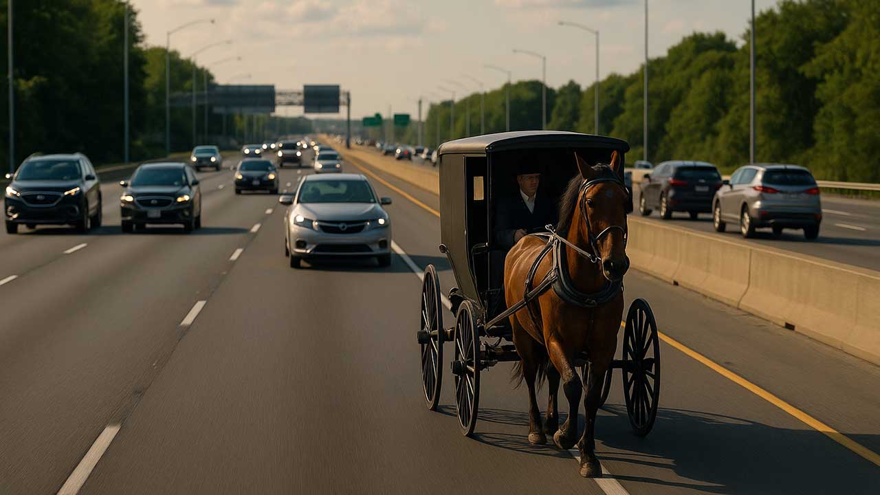 Horse and Buggy on Highway